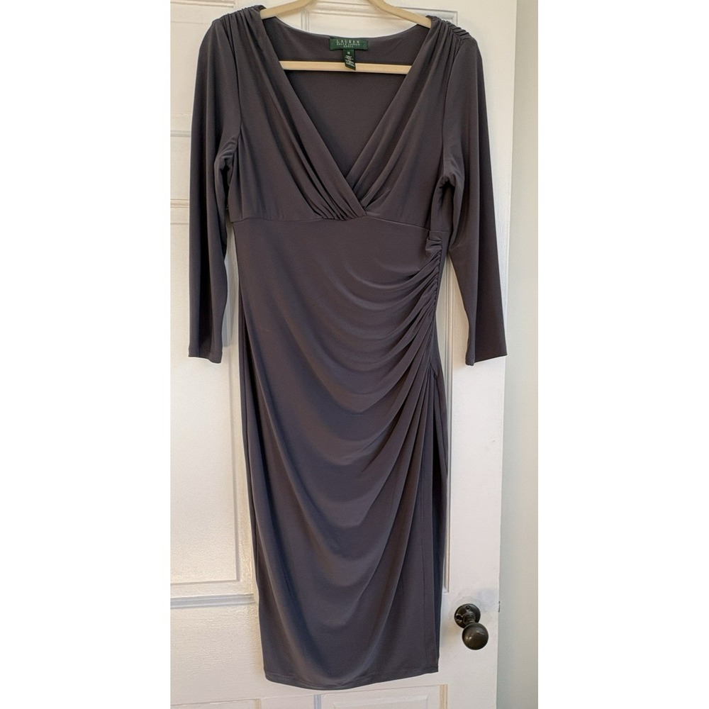 Lauren Ralph Lauren Grey Ruched V-Neck Sheath Dress 3/4 Sleeve Size 10 500103427